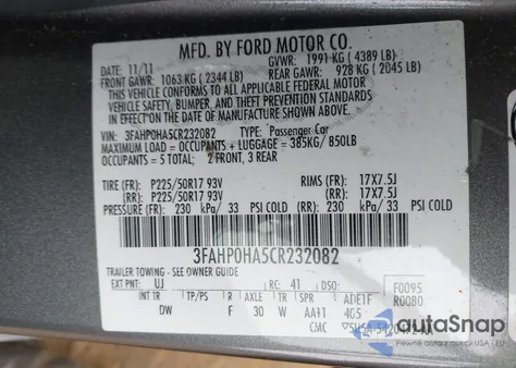 2012 Ford Fusion Se from USA, damaged, VIN 3FAHP0HA5CR232082